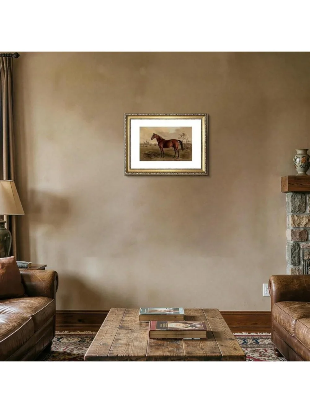 Vintage Two-Tone Gold Framed Majestic Brown Horse Canvas Wall Art, Ready to